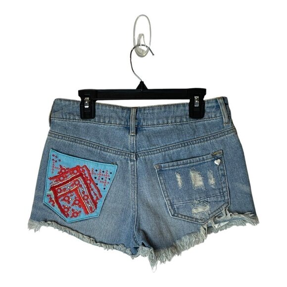 Kendall‎ & Kylie Blue Denim Distressed Bohemian High Rise Jean Shorts Size 1 - Picture 2 of 8